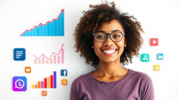Digital marketing insights with analytics graphics and smiling woman.