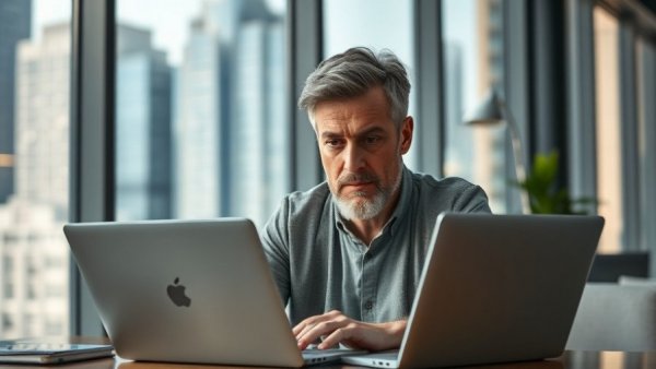 Middle-aged man checking digital marketing content in office.