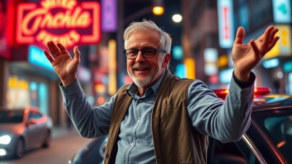 Energetic older man at night near neon-lit car for AI automation business