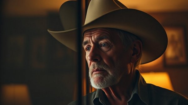 Older man in cowboy hat indoors, reflecting in warm tones
