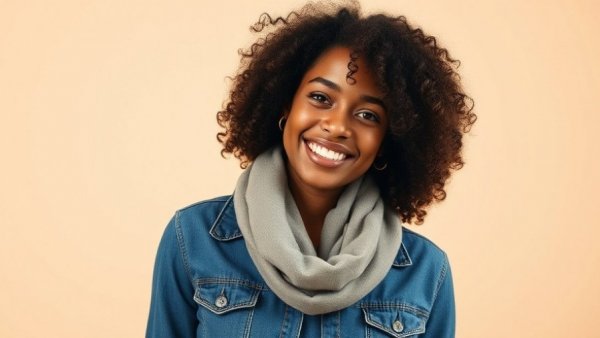 Young woman smiling confidently in denim, AI search visibility concept.