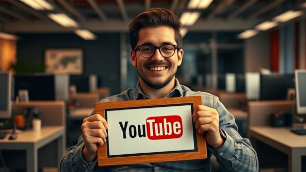 Man in office with YouTube plaque, highlighting success and confidence.