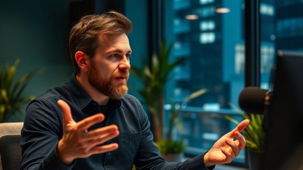 Casual man in podcast studio discussing digital marketing content.