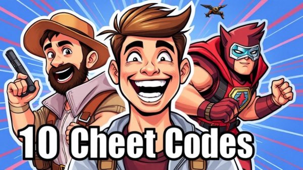 Cheerful man with iconic adventurer and superhero, '10 Cheat Codes'