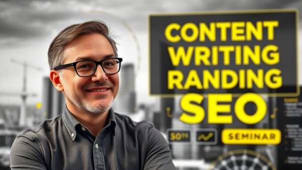 Content Writing and Branding SEO presentation with smiling man and cityscape.