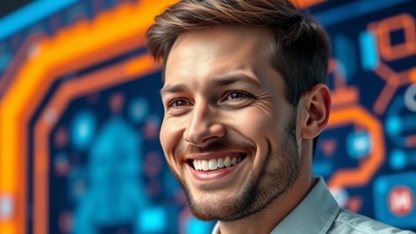 Man explaining Growth AI Strategy with colorful tech icons
