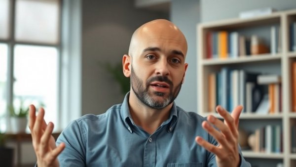 Man explaining content marketing in a modern office setting.