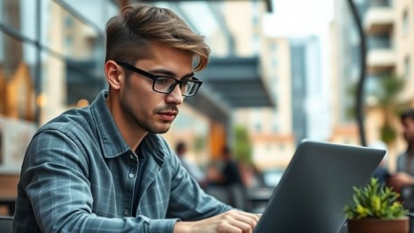 AI search optimization for entrepreneurs: thoughtful man with laptop outdoors.