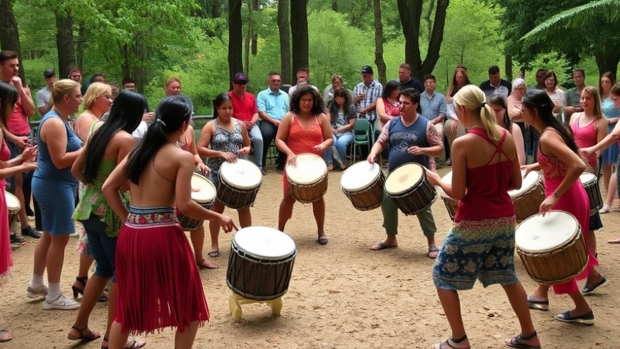 Drum circle showcases rhythmic movement and sound in vibrant community gathering.