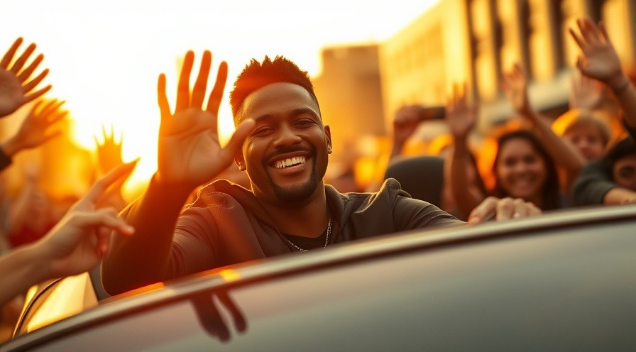 Usher smiling and waving from a convertible, surrounded by excited fans in warm golden hour light.