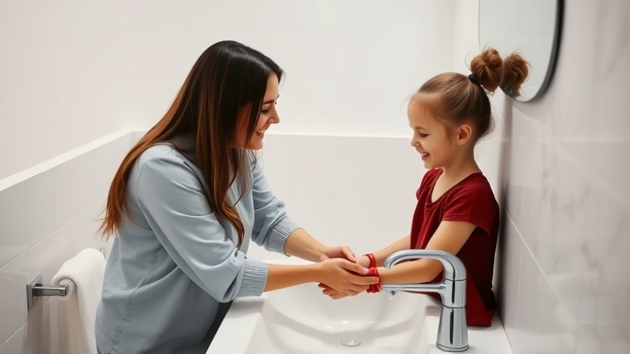 Mother teaching daughter to wash hands, both smiling at bathroom sink.