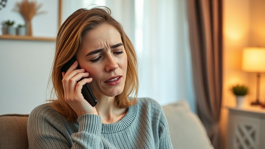 Young pretty lady calling on her cell phone at home, expressing pain on her face.