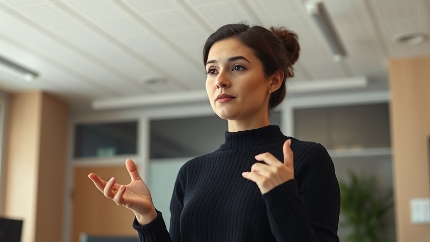 Woman in a black sweater discusses spinal health and stress relief in a modern office