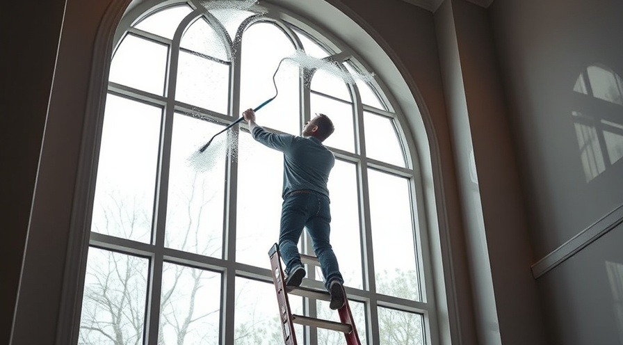 Young man on a ladder washing high windows in a luxurious house.