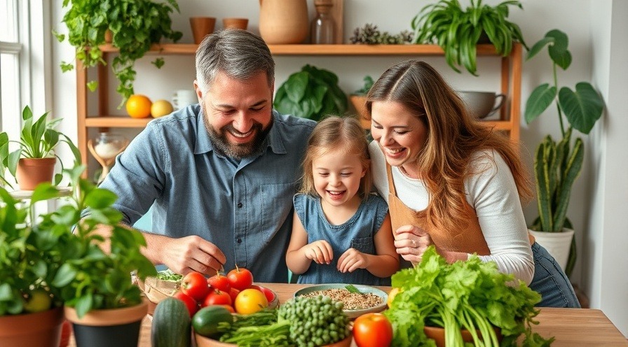 Happy family enjoying the benefits of plant-based nutrition and sustainable eating.