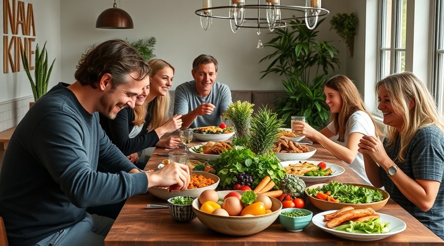 Happy people enjoying a table of plant-based foods for a sustainable diet.