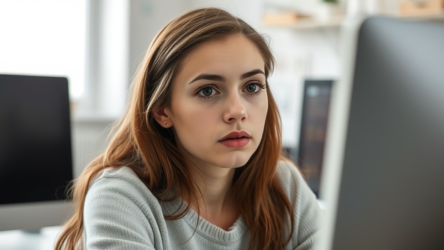 Young pretty girl, age 30, bewildered in front of a computer with a serious expression.