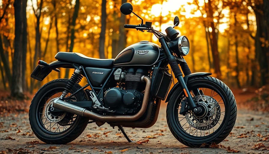 Rugged Triumph Scrambler motorcycle parked in autumn forest.