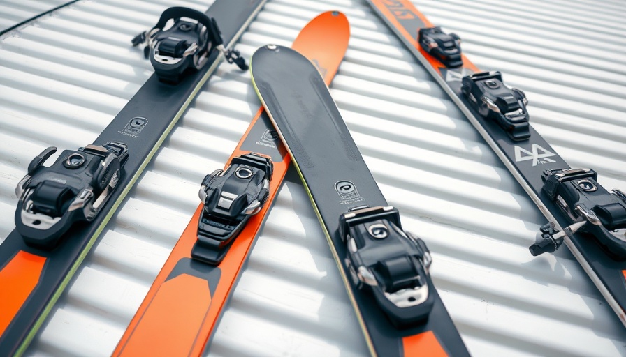 Close-up of ski bindings on skis showcasing design variety.