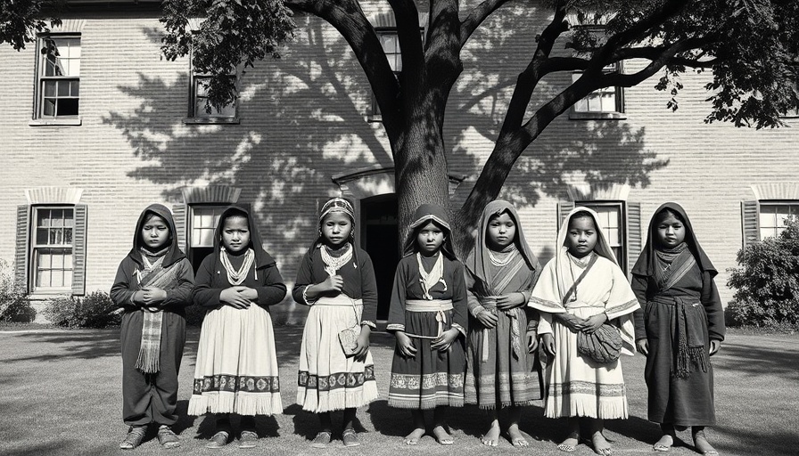 Indigenous boarding school history group photo, children in traditional clothing.