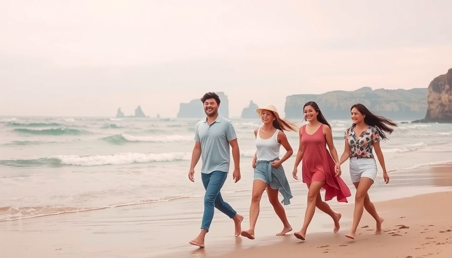 Friends walking on a Peru beach at sunset.