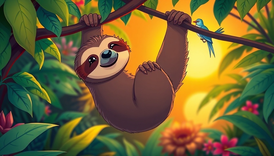 Colorful illustration of a sloth in a Thailand jungle at sunset