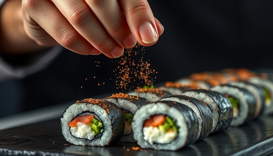 Chef sprinkling spice on sushi rolls, emphasizing culinary expertise.