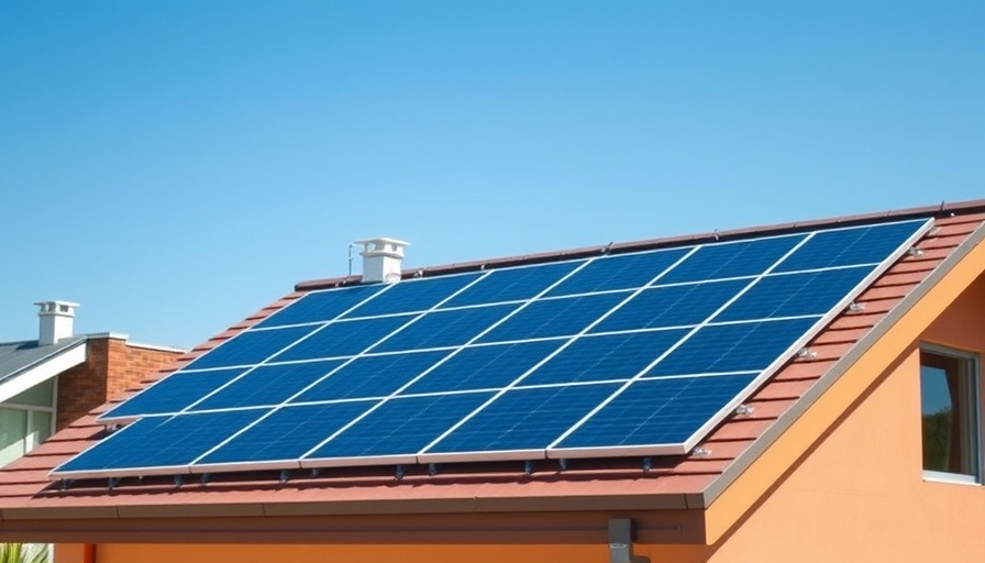 Solar panel on house roof under blue sky.