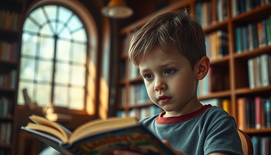 Child reading in library surrounded by books, emphasizing environmental learning.