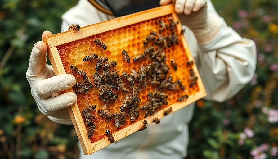 Beekeeper holding honeycomb frame with bees, lush garden setting.