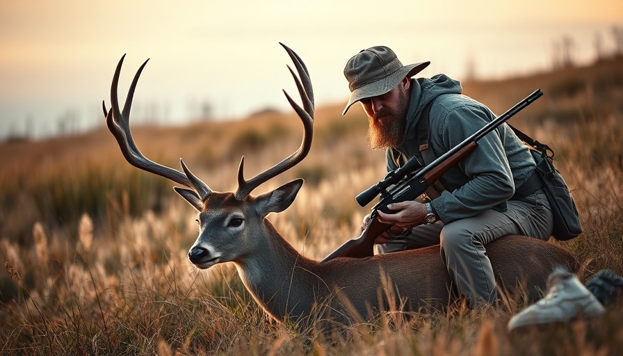 Hunter Amnesia in grassland with rifle, inspecting deer.