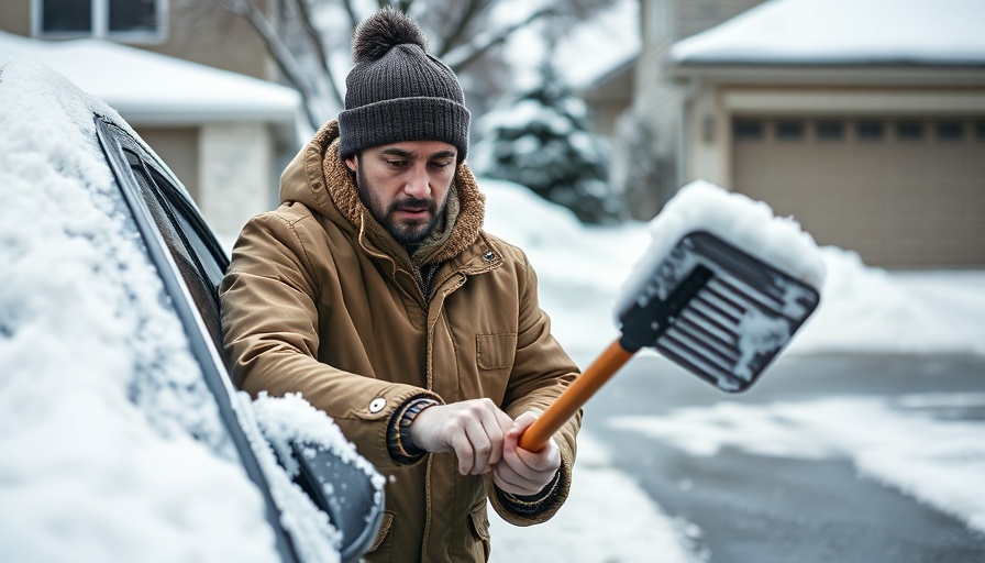 Person in winter jacket scraping snow off car in driveway.