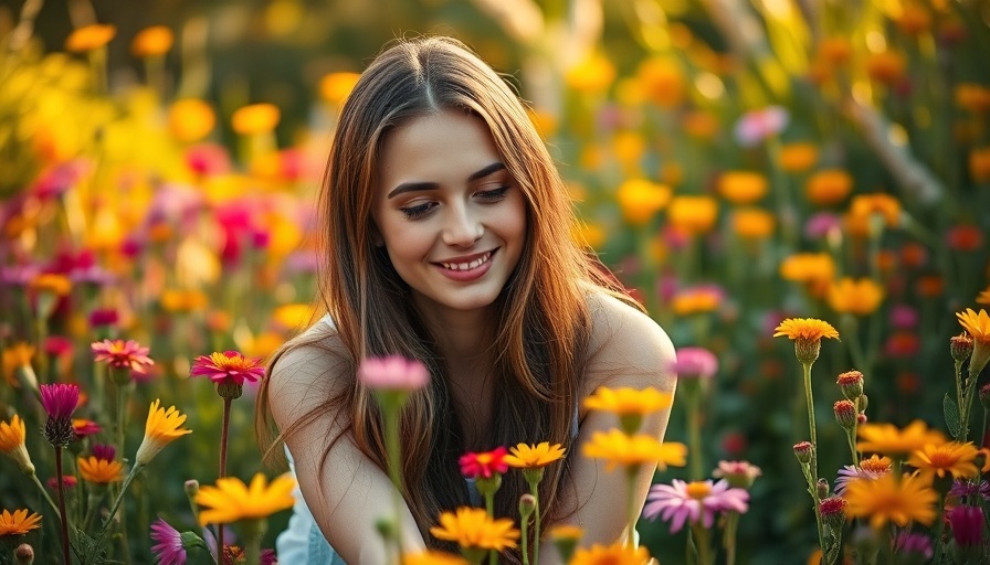 Smiling woman in a wildflower garden, vibrant background.