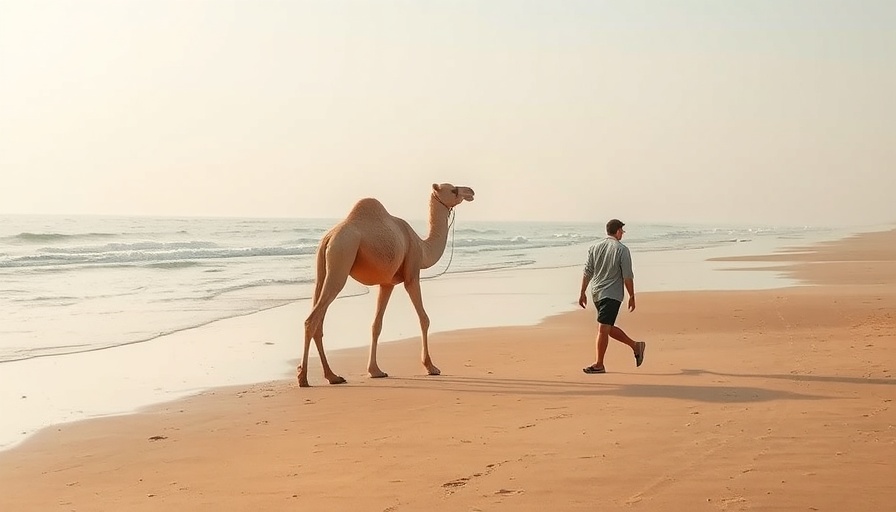 Camel and person on beach, Peru family activities, serene scene.