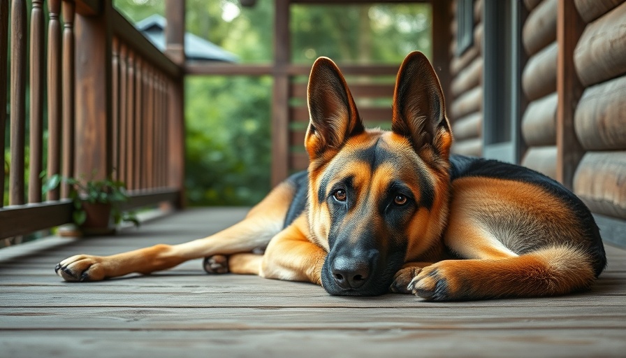 Relaxed German Shepherd on a porch, emphasizing wildlife safety.