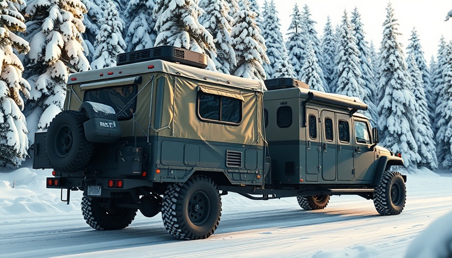 Winter camping trailer off-road in snowy forest adventure