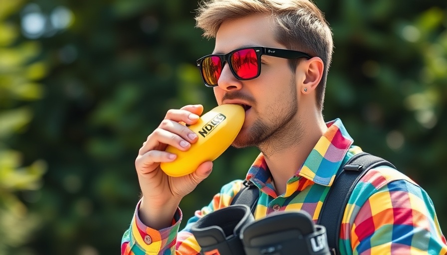 Man with ski boots eating banana outdoors, skiing theme.