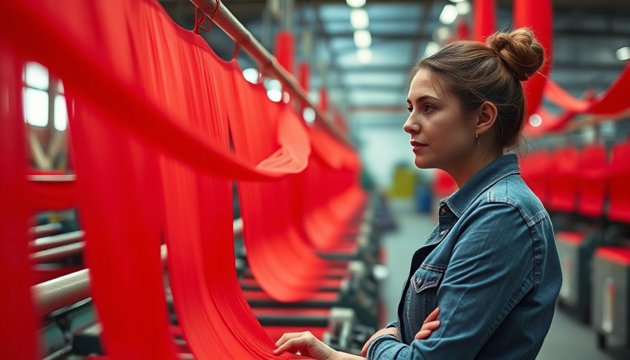 Woman in textile dyeing factory with red fabric, sustainable fashion process.