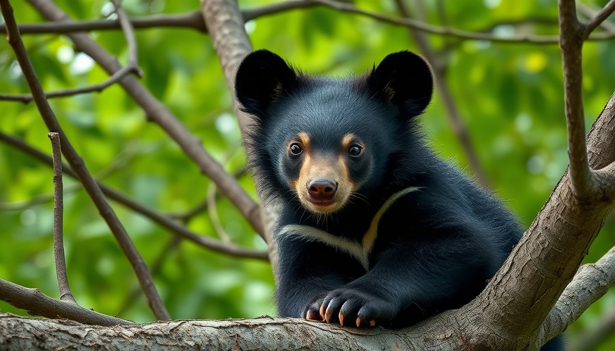 Young black bear in tree in forest, natural setting