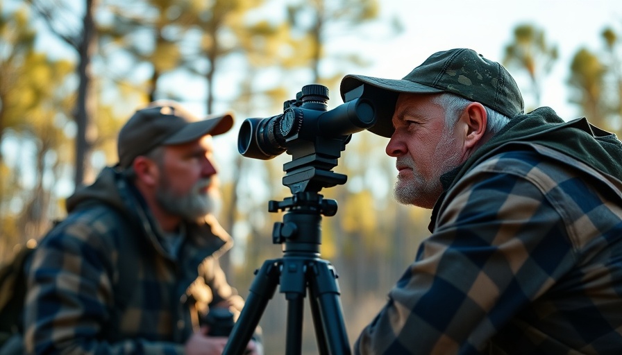 Hunter with binoculars and rifle in outdoor setting.