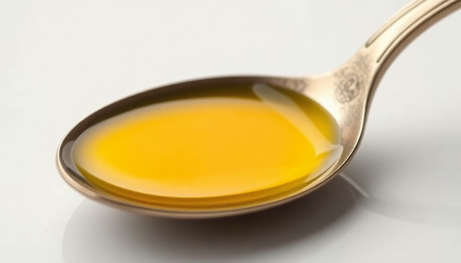 Golden cooking oil in a spoon on white background, highlighting recycling concept.