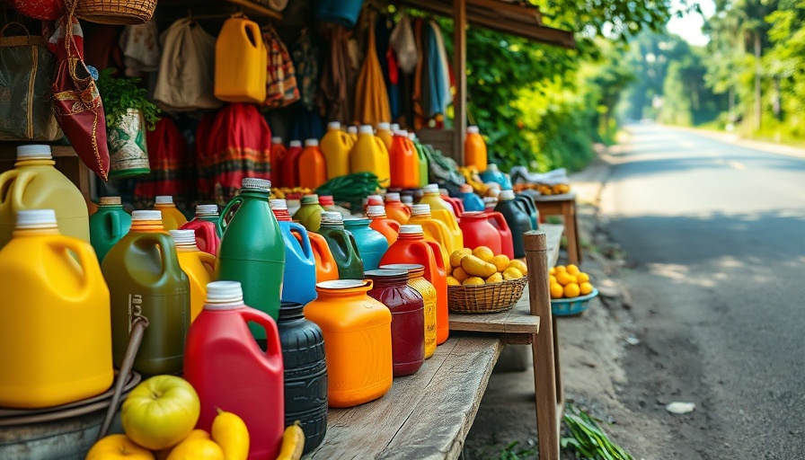 Vibrant roadside market scene with plastic jugs and fruits, highlighting sustainability initiatives.