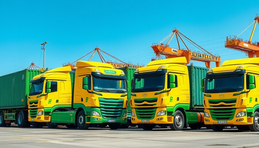 Industrial trucks promoting sustainability initiatives at a terminal.