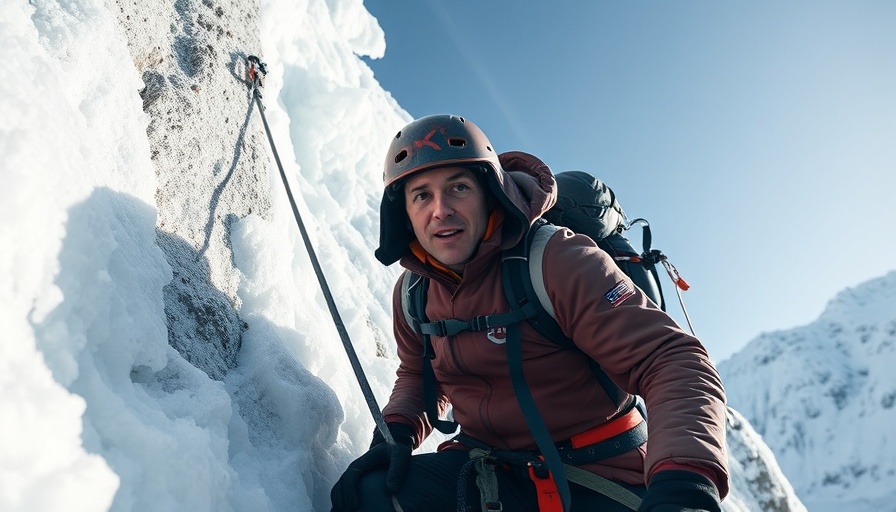 Climber using outdoor gear on icy cliff, photorealistic scene.