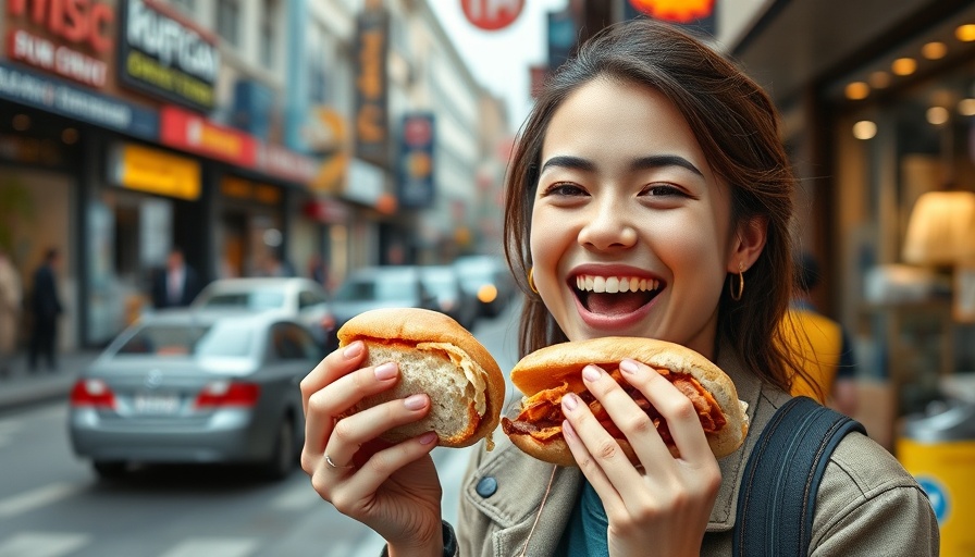 Young woman enjoying Peruvian street food with a smile