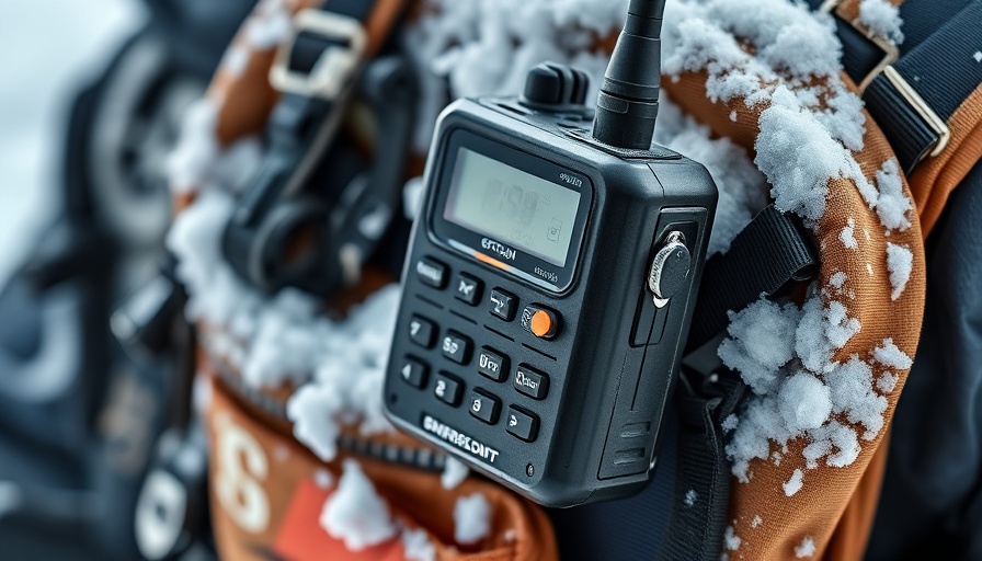 Communication gadget clipped on snow-covered backpack