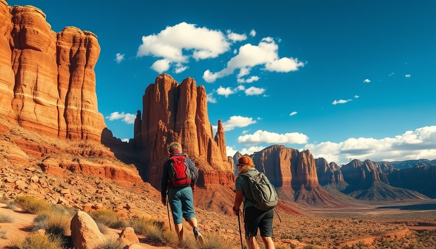 Backpackers exploring dramatic Southwest rock formations under a blue sky.