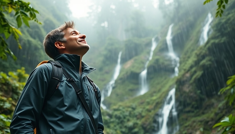 Hiker in Black Diamond Fineline in lush forest with waterfalls.