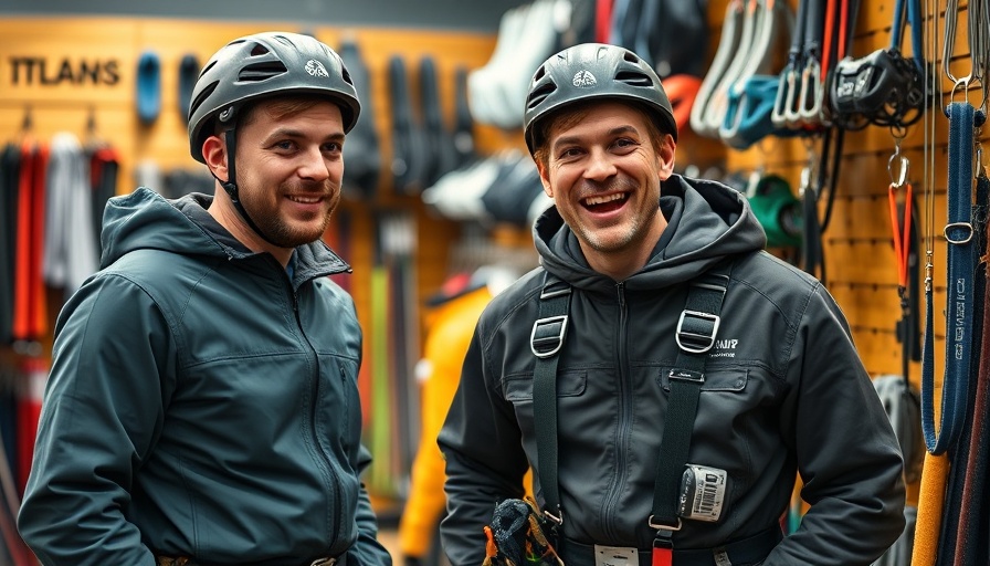 Climbers choosing gear in a shop, humorously interacting, dating climbers.