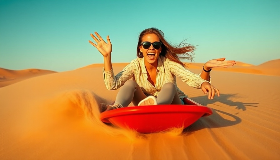 Excited woman enjoying sand dune sledding, embracing travel resolutions.